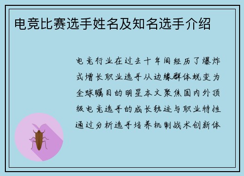 电竞比赛选手姓名及知名选手介绍