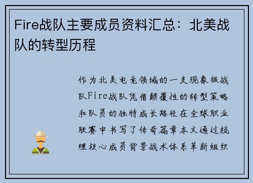 Fire战队主要成员资料汇总：北美战队的转型历程
