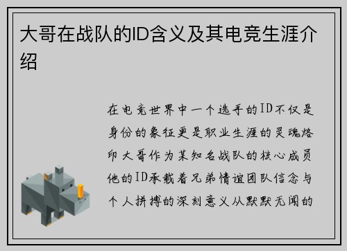 大哥在战队的ID含义及其电竞生涯介绍