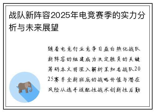 战队新阵容2025年电竞赛季的实力分析与未来展望